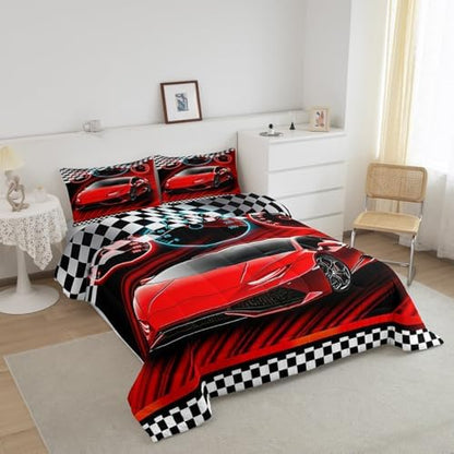 Feelyou Race Car Bedding Set for Kids Boys Girls King Size Speed Sports Car Comforter Set Teen Adult Ultra Soft Extreme Sports Comforter Cool Car Duvet Quilt Bedroom Decor Racing Car Quilt