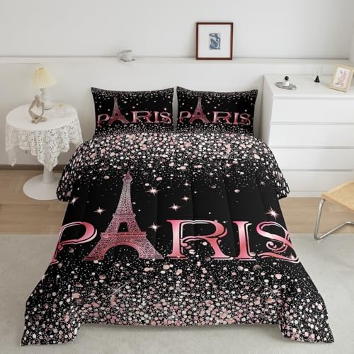 Erosebridal Eiffel Tower Comforter Set Twin Size, Paris France Duvet Sets for Kids Teens Adult Women Bedroom Decor Starry Sky Bling Bedding Set City Building Quilted Duvet with 1 Pillow Case