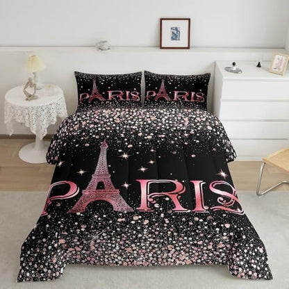 Erosebridal Eiffel Tower Comforter Set Queen Size, Paris France Duvet Sets for Kids Teens Adult Women Bedroom Decor Starry Sky Bling Bedding Set City Building Quilted Duvet with 2 Pillow Cases
