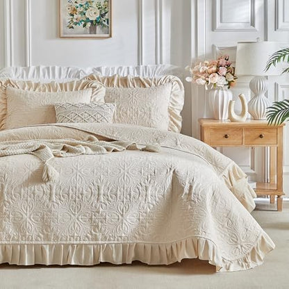 Ruffles Quilt Set Twin Size 68 * 86in - 2 Pieces Solid Shabby Chic Farmhouse Ruffled Bedding Rustic Coverlet Lightweight Fluffy Summer Oversized Bedspread with Shams for Women Men Beige