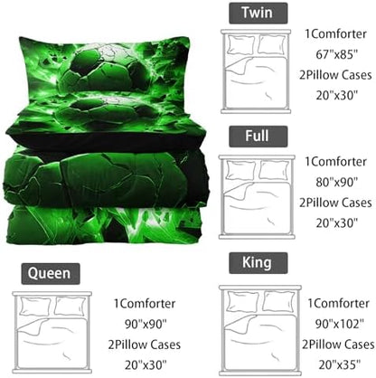 Nttopship Soccer Bedding Comforter Set Twin Size for Kids Teens and Adults, Black and Green Football Printed Bedding Sets 3 PCS,Ball Sports Themed Bedroom Decor with 1 Comforter and 2 Pillowcases
