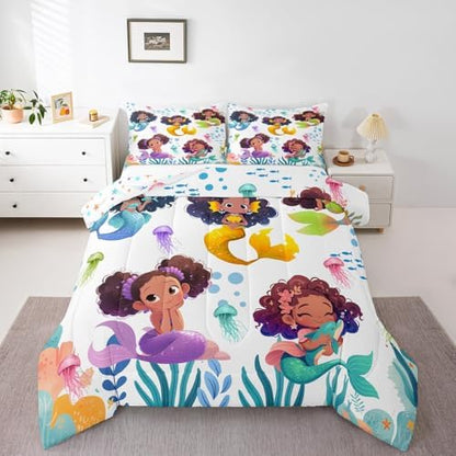 Homewish Cute Black Girl Mermaid Comforter Set Queen Size,Watercolor Coral Jellyfish Bedding Set for Kids Girls Teens Room Decor,African Black Girls Quilt Set Colorful Sea Life Duvet Insert 3Pcs