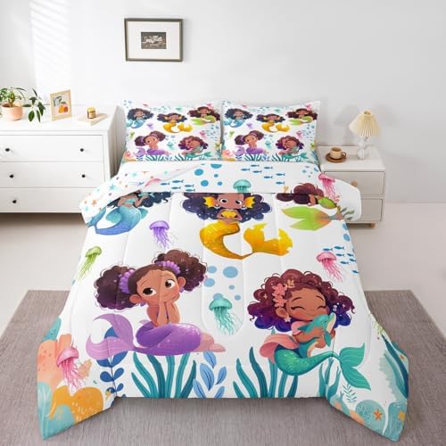 Homewish Cute Black Girl Mermaid Comforter Set Full Size,Watercolor Coral Jellyfish Bedding Set for Kids Girls Teens Room Decor,African Black Girls Quilt Set Colorful Sea Life Duvet Insert 3Pcs