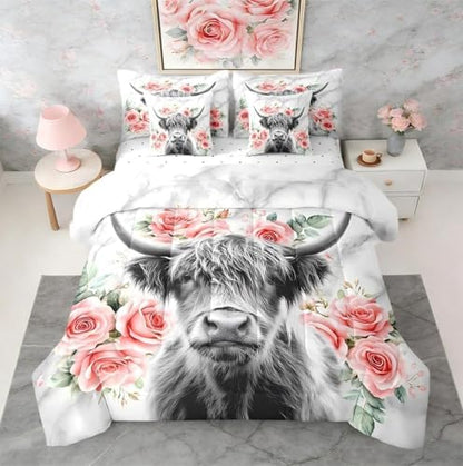 Erosebridal Highland Cow Flower Twin Comforter Set with Sheets 7 Piece Rose Grey Marble Bed in A Bag Western Funny Animal Bedding Sets for Kids Boys,Wildlife Farmhouse Cattle Bed Set