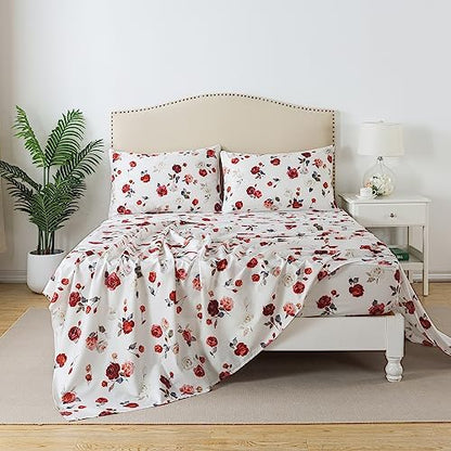 FADFAY Rose Sheets Set Cal King Vintage White Floral Bedding Red Rose Bed Sheets Shabby Farmhouse Bedding 100% Egyptian Cotton 800 Thread Count Deep Pocket Fitted Sheet 4Pc, California King Size