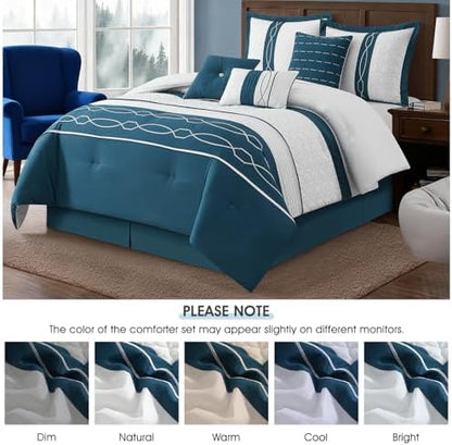 LANCO MODERN LIFESTYLE 7 Piece Comforter Set, Queen, Green Geometric Clip Design, 100% Polyester, Luxury All Seasons Bed Set Includes Comforter, Bed Skirt, Pillow Shams, and Decorative Pillows