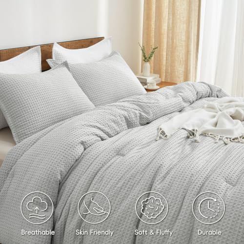 PHF Ultra Soft Waffle Comforter Set 3 Pieces King, Light Grey