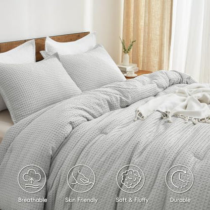 PHF Ultra Soft Waffle Comforter Set 3 Pieces King, Light Grey