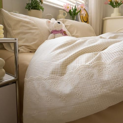 LifeTB Tan Gingham Comforter Set Full Romantic Lace Style Beige Taupe Plaid Comforter Set 3 Pieces Vintage Checkered Grid Comforter with 2 Pillowcases Fluffy Soft Farmhouse Gingham Bedding Set