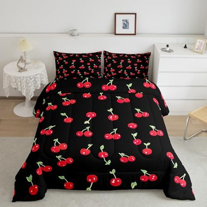 Erosebridal Red Cherry Bedding Set for Kids, Fruit Kawaii Comforter Set Full, Cute Cherry Cartoon Quilted Duvet for Boys Girls Women Bedroom Decor, Reversible Luxury Cherry Quilted Comforter, Black