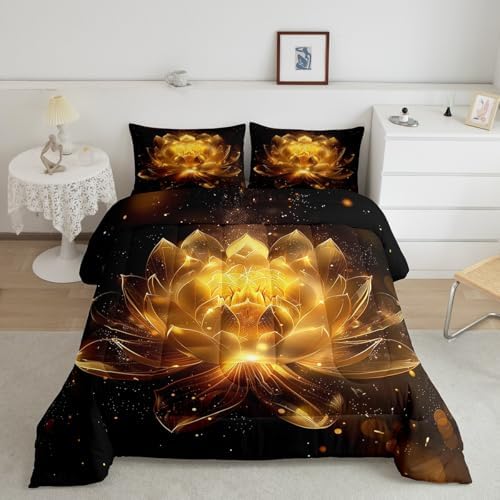 jejeloiu Golden Black Comforter Set Queen Size Kids Golden Lotus Flower Bedding Set for Boys Girls Teens Zen Spa Duvet Breathable Floral Quilt Bedroom Decor,1 Comforter with 2 Pillowcase