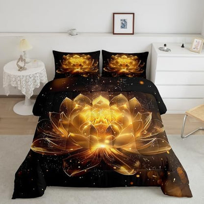 jejeloiu Golden Black Comforter Set Queen Size Kids Golden Lotus Flower Bedding Set for Boys Girls Teens Zen Spa Duvet Breathable Floral Quilt Bedroom Decor,1 Comforter with 2 Pillowcase
