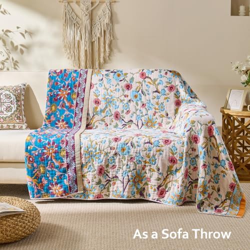 VANJOROY Boho Throw Blanket, 100% Organic Cotton Breathable Skin-Friendly Ultra Soft 50" x 60" Bed Quilt Throw - Floral Rustic Decor Luxury Reversible Blanket for Sofa Couch Chair and Gift,