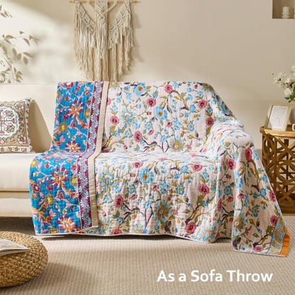 VANJOROY Boho Throw Blanket, 100% Organic Cotton Breathable Skin-Friendly Ultra Soft 80" x 90" Bed Quilt Throw - Floral Rustic Decor Luxury Reversible Blanket for Sofa Couch Chair and Gift,