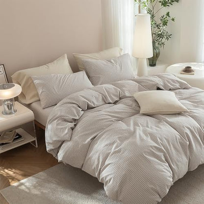 JIYUAN Full Washed Cotton Duvet Cover Set, 3-Piece, Linen-Like Pinstripe