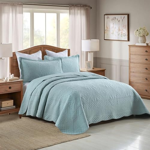 MarCielo 100% Cotton Quilt Set - 3-Piece Embroidered Farmhouse Bedspread & Shams, All-Season Breathable Bedding (Tf Aruba Blue, King)