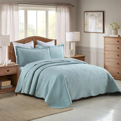 MarCielo 100% Cotton Quilt Set - 3-Piece Embroidered Farmhouse Bedspread & Shams, All-Season Breathable Bedding (Tf Aruba Blue, King)