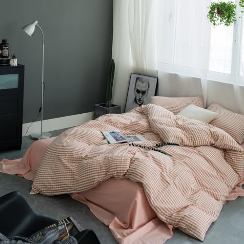 mixinni Pink Gingham Comforter Set King, Plaid Comforter Set 3 Pieces 1 Pink Grid Comfoter with 2 Pillow Cases for All Seasons, Soft Fluffy Modern Grid Pattern Printed Bedding-King Size