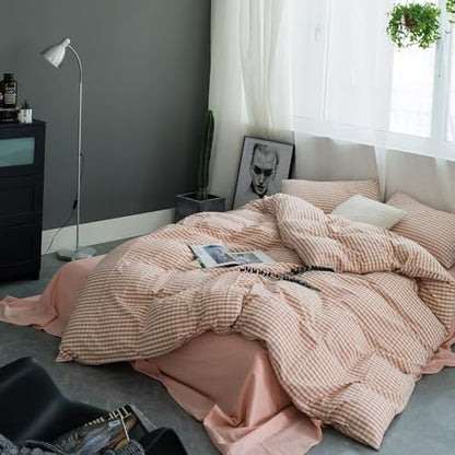 mixinni Pink Gingham Comforter Set King, Plaid Comforter Set 3 Pieces 1 Pink Grid Comfoter with 2 Pillow Cases for All Seasons, Soft Fluffy Modern Grid Pattern Printed Bedding-King Size