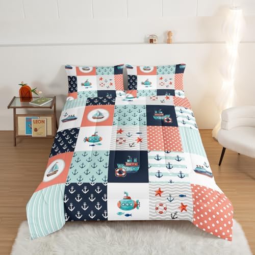 HOSIMA Nautical Bedding Set,Plaid Patchwork Pattern Hand Painted Seaplane,Boat and Anchor Comforter for Boys Kids Girls Bedroom Decor,Sea Adventure Theme Comforter Queen Size with 2 Pillowcases.