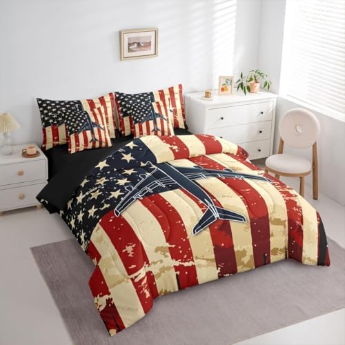 Erosebridal 7 Pcs American Flag Airplane Comforter Set Full Military Airplane Bedding Set with Sheets for Boys Kids Teens Men Vintage Patriotic Bed in A Bag Navy Plane Bed Sets for Aviation Lovers