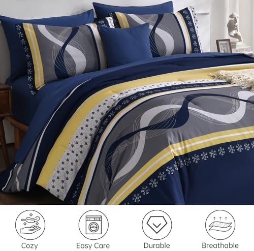 Anibedding Navy Blue Comforter Set King Size,8 Pieces Striped Bed in a Bag