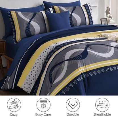 Anibedding Navy Blue Comforter Set King Size,8 Pieces Striped Bed in a Bag