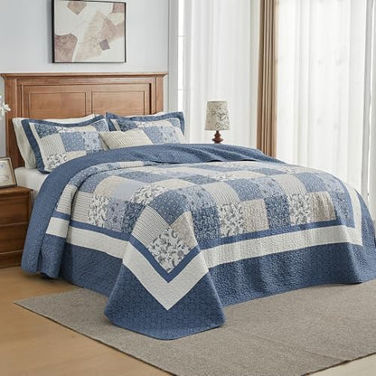 SahSahCasa 120"x120" 100% Cotton Oversized California King Bedspread Striped Quilt Set, Cal King Quilted Bedspread Extra Large Coverlet, XL Bed Spread Lightweight Comforter, Blue/White