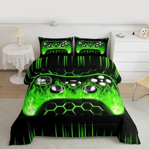 Erosebridal Ombre Art Honeycomb Gaming Bedding Set Green Neon Lights Game Console Toddler Bedding Sets for Boys Geometric Hexagon Beehive Quilt Set Gamer Room Decor for Boys