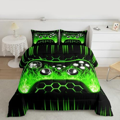 Erosebridal Ombre Art Honeycomb Gaming Bedding Set Green Neon Lights Game Console Toddler Bedding Sets for Boys Geometric Hexagon Beehive Quilt Set Gamer Room Decor for Boys