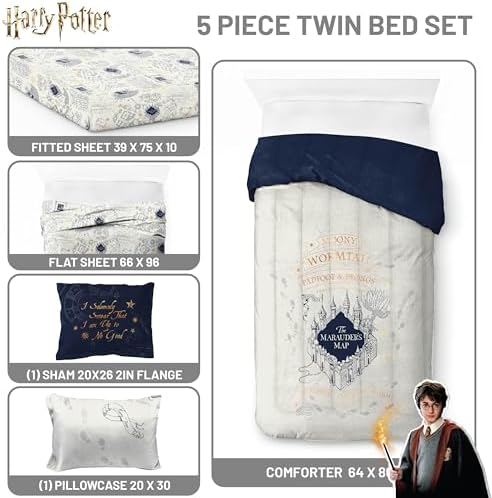 Harry Potter Twin Comforter Set 5 Piece Soft Fantasy Bedding, Beige