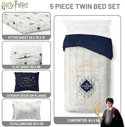 Harry Potter Twin Comforter Set 5 Piece Soft Fantasy Bedding, Beige