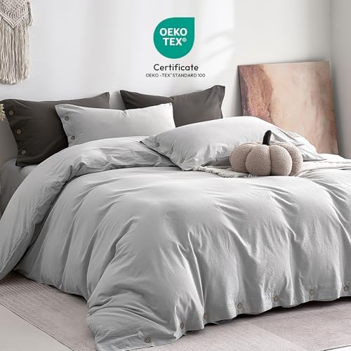 JELLYMONI 100% Washed Cotton Pale Grey Duvet Cover King, Linen-Like