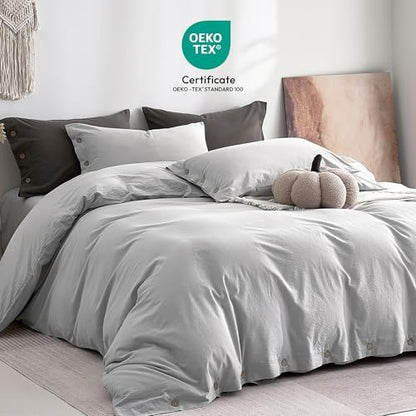 JELLYMONI 100% Washed Cotton Pale Grey Duvet Cover King, Linen-Like