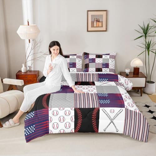 Boys Baseball Bedding Set Twin Ball Games Sports Comforter Set for Kids Teens,Red Blue Abstract American Flag Bedding Comforter Set Patchwork Grey Grid USA Flag Quilt Duvet Set with 1 Pillow Case