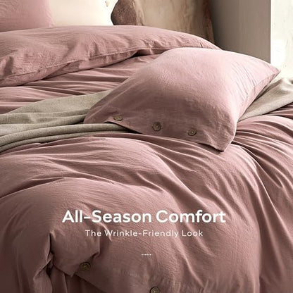 JELLYMONI 100% Washed Cotton Darker Rose Duvet Cover Twin, Linen-Like