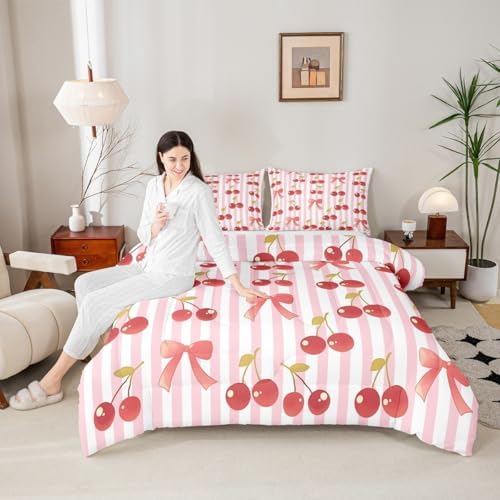 jejeloiu Pink Bow Kids Comforter Set Toddler Size Colourful Bowknot Bedding Set Fruit Duvet Quilt for Kids Boys Girls Bedroom Cherry Decor Microfiber Ultra Soft Breathable