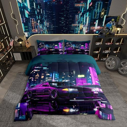 Erosebridal Neon Purple Car Comforter for Kids Boys Girls,Cool Race Car Toddler Bedding Set,Extreme Sports Gaming Duvet Insert,City Night Scene Quilt Bedroom Decor