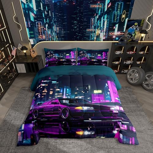 Erosebridal Neon Purple Car Comforter King Size for Kids Teens Adults,Cool Race Car Bedding Set,Extreme Sports Gaming Duvet Insert,City Night Scene Quilt Bedroom Decor