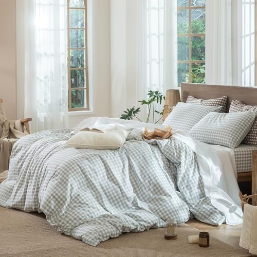 MooMee Gingham Duvet Cover Set 100% Washed Cotton Linen Like