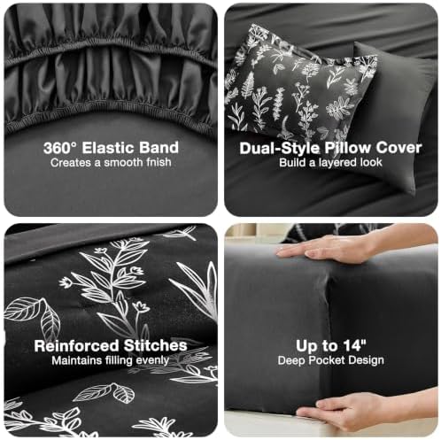 MUXHOMO Black California King Comforter Set, Elegant Floral Print Bed in a Bag 7 Pieces, Ultra Soft & Breathable Reversible Botanical Pattern Bedding Set with Comforter, Sheets, Pillowcases, and Shams