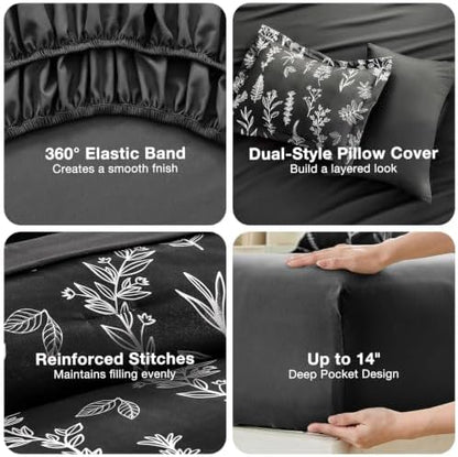 MUXHOMO Black California King Comforter Set, Elegant Floral Print Bed in a Bag 7 Pieces, Ultra Soft & Breathable Reversible Botanical Pattern Bedding Set with Comforter, Sheets, Pillowcases, and Shams