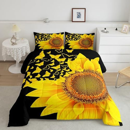 jejeloiu Sunflower Butterfly Comforter Set King Size Kids Floral Bedding Set for Boys Girls Teens Yellow Flowers Duvet Breathable Botanical Spring Quilt Bedroom Decor,1 Comforter with 2 Pillowcase