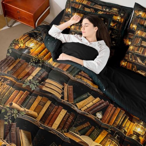 Erosebridal Vintage Bookshelf 7 Piece Bedding Set Full Antique Library Comforter Set with Sheets Academia Bookcase Bed in a Bag Retro Magic Reading Bed Sets Comforter