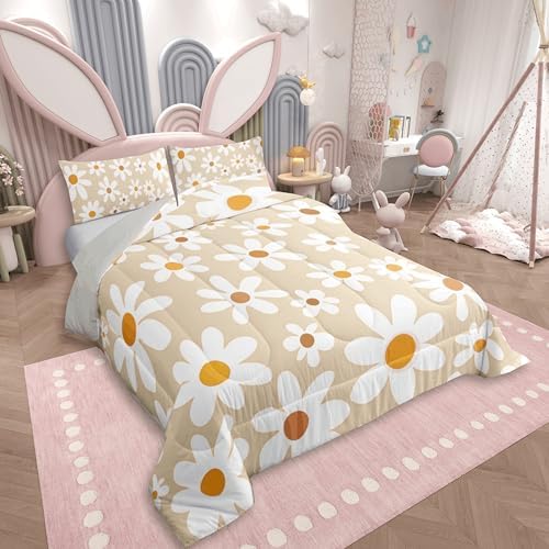 jejeloiu Retro Daisy Farmhouse Bedding Set for Boys Girls, Cute Daisy Comforter Set Toddler Size Cute Flower Duvet Quilt Microfiber Floral Botanical Pattern Bedroom Decor 2 Pcs with 1 Pillow Cases