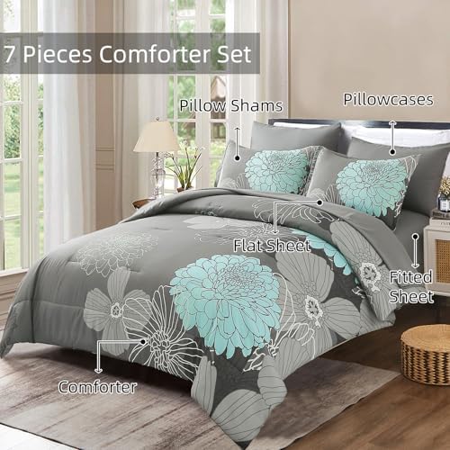 Yiran 7 Pieces Bed in a Bag Floral Comforter Set Green Flowers Bedding Set Soft Microfiber King Boho Comforter Sets with 1 Comforter 1 Flat Sheet 1 Fitted Sheet 2 Pillowshams and 2 Pillowcases