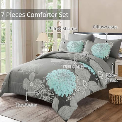 Yiran 7 Pieces Bed in a Bag Floral Comforter Set Green Flowers Bedding Set Soft Microfiber King Boho Comforter Sets with 1 Comforter 1 Flat Sheet 1 Fitted Sheet 2 Pillowshams and 2 Pillowcases