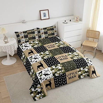 Manfei Deer Antlers Animals Silhouette Comforter Set Queen,Camo Geometric Checks Bedding Set 3pcs for Kids Adults Room Decor,Nordic Boho Arrow Quilt Set,Vintage Green Duvet Insert with 2 Pillowcases