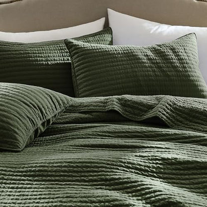 WDCOZY 100% Cotton Queen Size Quilt Set, Channel Pick Stitch, Olive Green