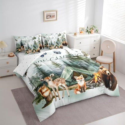 Erosebridal 7 Piece RV Camper Full Bedding Set for Camping Decor,Forest Bear Fox Deer Kids Comforter Set,Woodland Animal Quilt Bed Set,Travel Trailer Bunk Bedding Sets with Sheets,Pillowcases